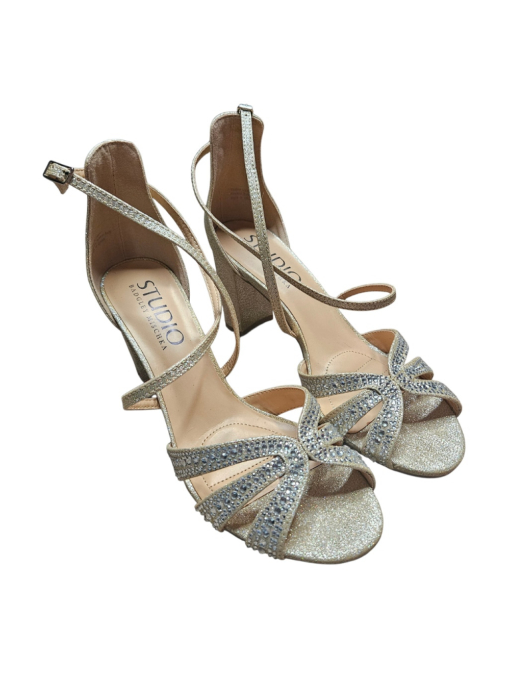 Studio Badgley Mischka 8 Gold Rhinestone Strappy Block Heel Sandals